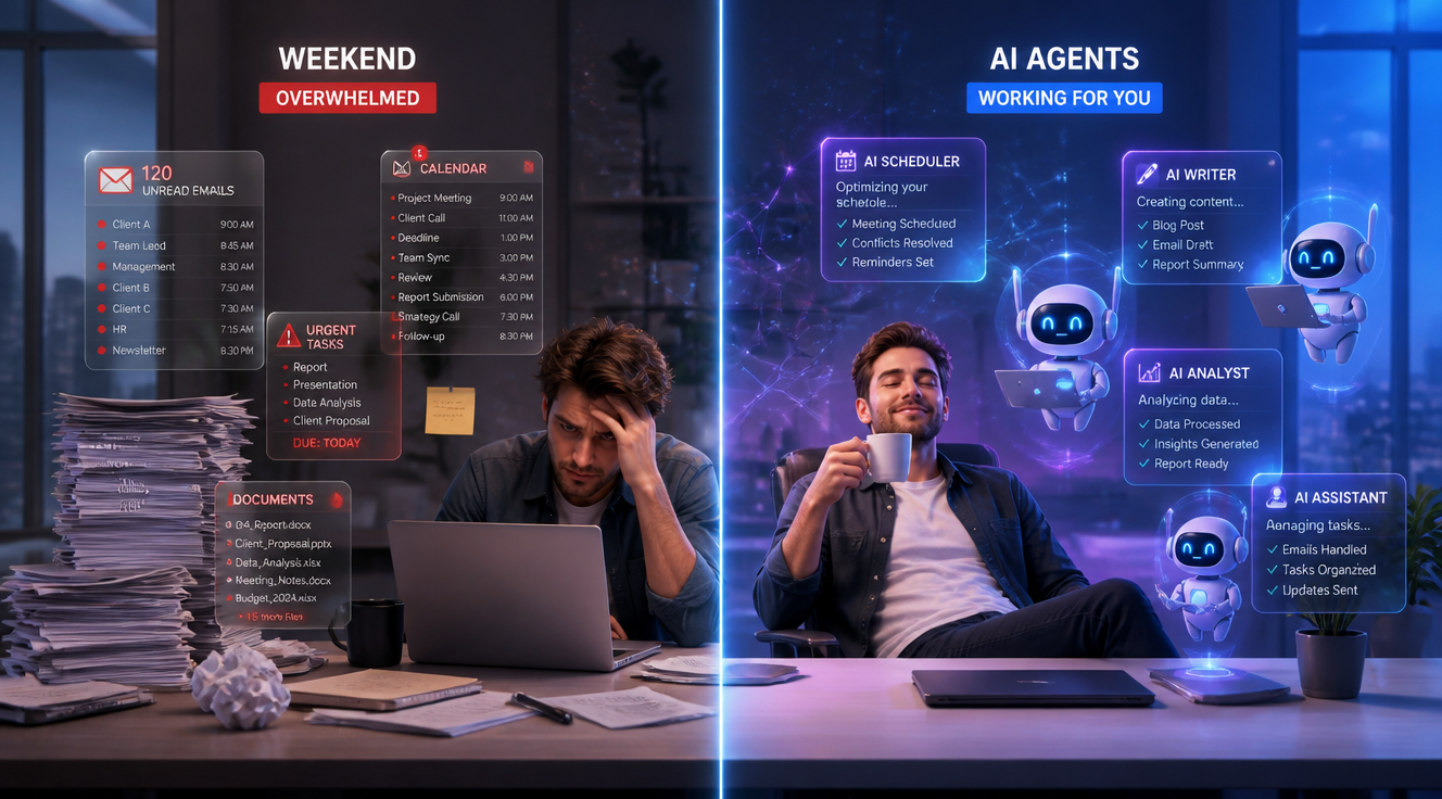 A futuristic and clean digital illustration showing a modern workspace split into two halves: on the left side, a stressed professional overwhelmed with paperwork, emails, and calendar notifications during a weekend; on the right side, the same person relaxing with a coffee while glowing AI agent avatars (represented as luminous holographic robots and floating digital assistants) autonomously handle tasks like scheduling, writing, and data analysis. Soft blue and purple neon lighting, holographic UI panels, abstract neural network patterns in the background, minimalist tech aesthetic, high detail, 4K quality, professional corporate blog header style.
