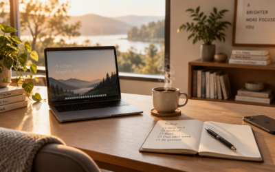 A minimalist modern home office workspace photographed in soft golden morning light, featuring a clean wooden desk with a sleek laptop, a single steaming cup of black coffee, an open notebook with handwritten to-do list, a smartphone placed face-down out of reach, a small green plant in the background, a window showing blurred nature outside, warm muted earth tones, calm and focused atmosphere, photorealistic style, shallow depth of field, Scandinavian productivity aesthetic, 4K quality editorial photography
