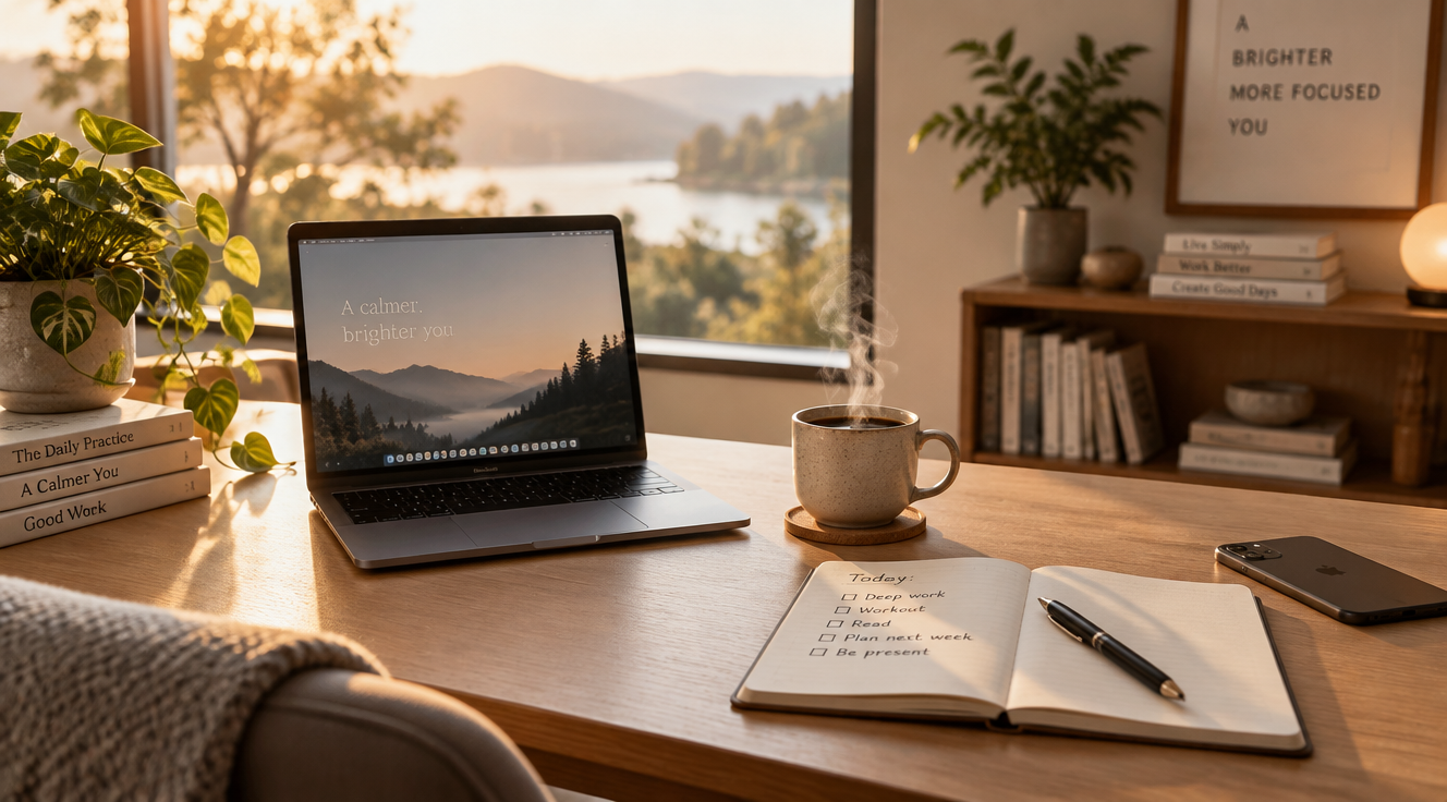 A minimalist modern home office workspace photographed in soft golden morning light, featuring a clean wooden desk with a sleek laptop, a single steaming cup of black coffee, an open notebook with handwritten to-do list, a smartphone placed face-down out of reach, a small green plant in the background, a window showing blurred nature outside, warm muted earth tones, calm and focused atmosphere, photorealistic style, shallow depth of field, Scandinavian productivity aesthetic, 4K quality editorial photography