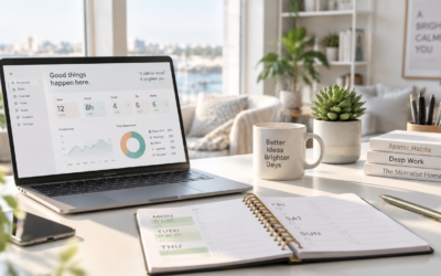 A modern minimalist workspace featuring a clean white desk with a sleek laptop displaying colorful productivity charts and graphs, an open planner with four days of the week highlighted in soft green, a steaming ceramic coffee cup, a small potted succulent, and natural sunlight streaming through a large window. Soft pastel tones, Scandinavian interior design style, shallow depth of field with gentle bokeh background showing a bright airy home office. Professional stock photography, ultra-realistic, 4K resolution, soft natural lighting, aspirational and calm mood.
