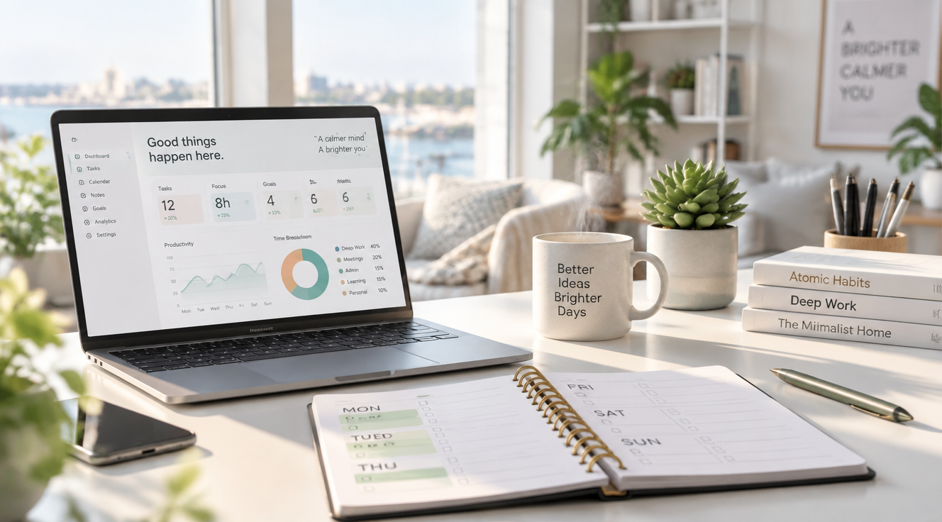 A modern minimalist workspace featuring a clean white desk with a sleek laptop displaying colorful productivity charts and graphs, an open planner with four days of the week highlighted in soft green, a steaming ceramic coffee cup, a small potted succulent, and natural sunlight streaming through a large window. Soft pastel tones, Scandinavian interior design style, shallow depth of field with gentle bokeh background showing a bright airy home office. Professional stock photography, ultra-realistic, 4K resolution, soft natural lighting, aspirational and calm mood.