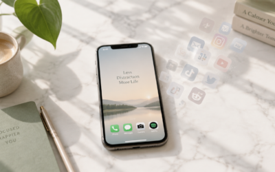 A sleek minimalist flat-lay photograph on a clean white marble desk: a modern smartphone in the center with a soft glowing screen showing only a few essential app icons, surrounded by a small pile of translucent ghost-like app icons fading away into the air, a single green plant leaf in one corner, soft natural daylight from a window casting gentle shadows, muted pastel color palette with sage green and warm beige accents, ultra-clean aesthetic, shallow depth of field, high-resolution editorial photography style, conveying the feeling of decluttering digital life and regaining focus.