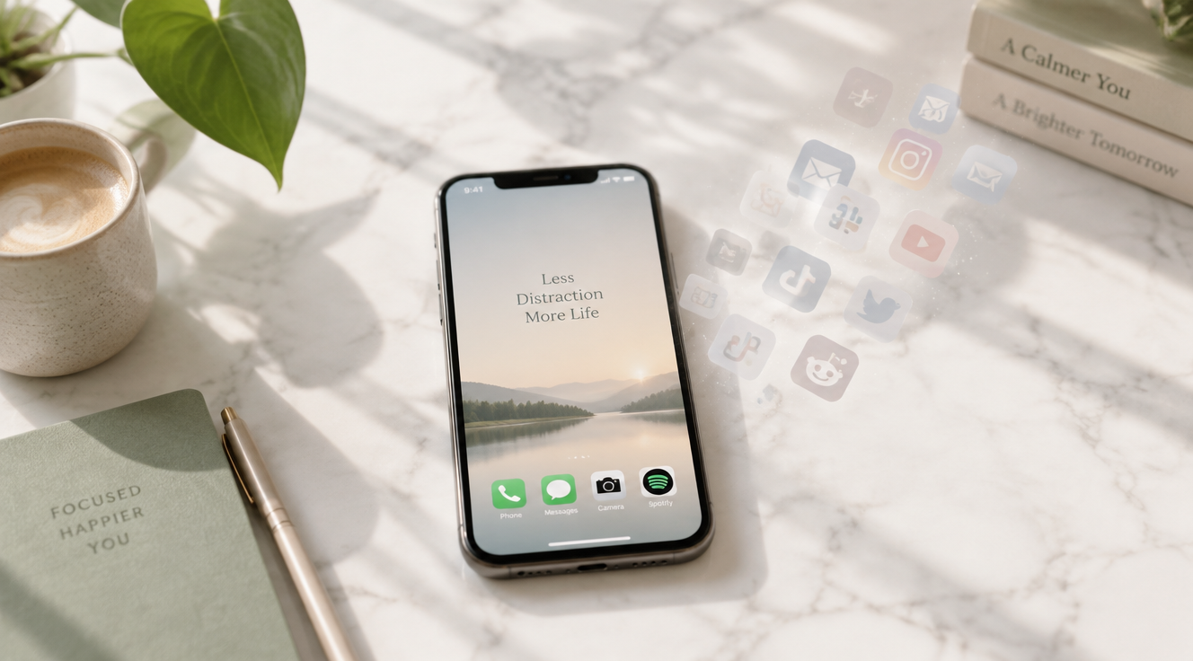 A sleek minimalist flat-lay photograph on a clean white marble desk: a modern smartphone in the center with a soft glowing screen showing only a few essential app icons, surrounded by a small pile of translucent ghost-like app icons fading away into the air, a single green plant leaf in one corner, soft natural daylight from a window casting gentle shadows, muted pastel color palette with sage green and warm beige accents, ultra-clean aesthetic, shallow depth of field, high-resolution editorial photography style, conveying the feeling of decluttering digital life and regaining focus.