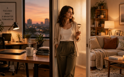 A warm, cinematic photograph of a home interior split visually into two halves by a softly glowing translucent divider or doorway: on one side, a tidy minimalist home office desk with a closed laptop, a steaming coffee mug, and warm desk lamp light at dusk; on the other side, a cozy living room with a soft sofa, a book, a plant, and warm ambient lighting. A person stands at the threshold between the two zones, holding a symbolic small hourglass in one hand, looking calm and balanced. Soft golden hour light filters through a window, shallow depth of field, modern editorial photography style, muted earth tones with accents of warm amber, photorealistic, high resolution, 4K, magazine cover quality.