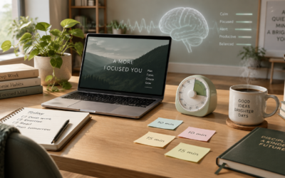A modern minimalist home office workspace seen from a slightly elevated angle, featuring a wooden desk with a laptop, a stylish analog timer in soft pastel colors, scattered sticky notes with handwritten focus intervals like '10 min' and '15 min', a steaming cup of coffee, a small potted plant, soft natural window light streaming from the left, shallow depth of field, warm muted color palette with sage green and beige tones, photorealistic editorial photography style, high resolution, clean composition, subtle brain wave visualization overlay in the background suggesting concentration and focus