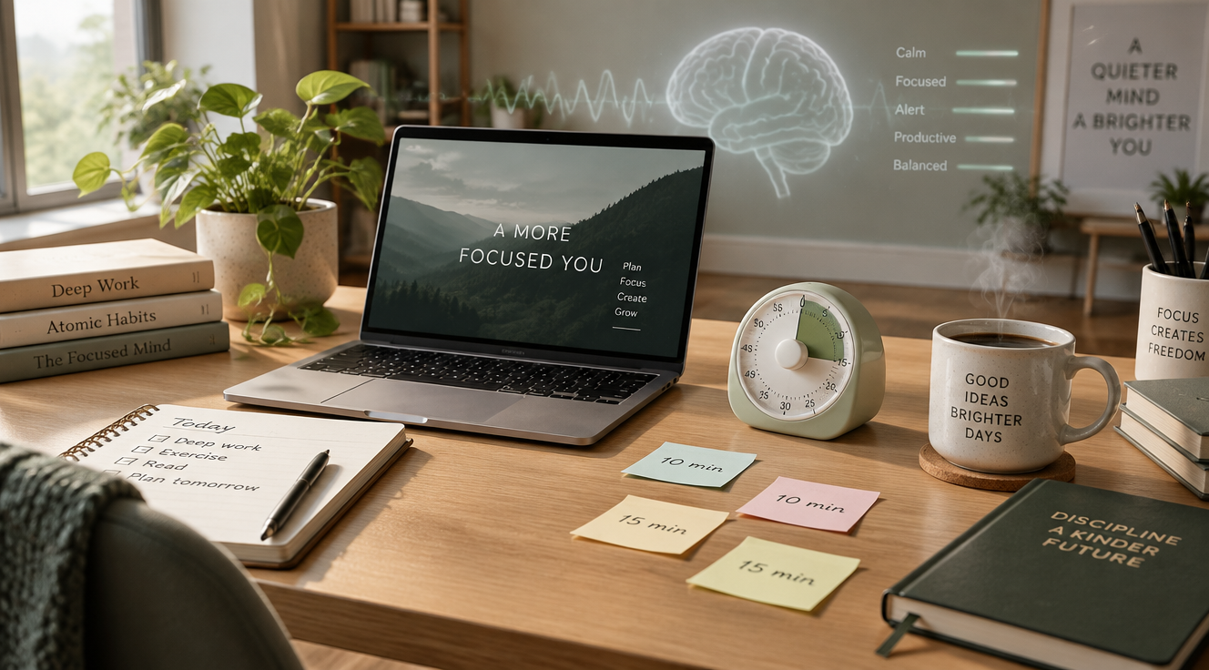 A modern minimalist home office workspace seen from a slightly elevated angle, featuring a wooden desk with a laptop, a stylish analog timer in soft pastel colors, scattered sticky notes with handwritten focus intervals like '10 min' and '15 min', a steaming cup of coffee, a small potted plant, soft natural window light streaming from the left, shallow depth of field, warm muted color palette with sage green and beige tones, photorealistic editorial photography style, high resolution, clean composition, subtle brain wave visualization overlay in the background suggesting concentration and focus