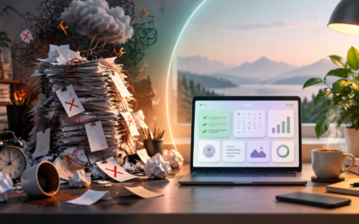 A modern, minimalistic conceptual illustration showing a chaotic overflowing paper to-do list on the left side, with red X marks crossing out unfinished tasks, tangled strings and stress symbols above it, while on the right side there is a clean, organized digital dashboard with soft glowing cards, a focused workspace with a plant and coffee, representing productivity harmony. Soft gradient background in muted tones of teal, warm beige and soft purple, cinematic lighting, ultra detailed, 4K quality, professional editorial style, no text.