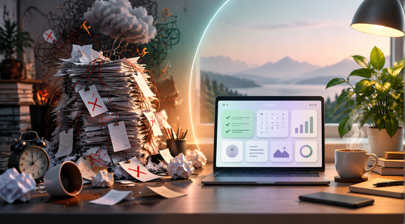 A modern, minimalistic conceptual illustration showing a chaotic overflowing paper to-do list on the left side, with red X marks crossing out unfinished tasks, tangled strings and stress symbols above it, while on the right side there is a clean, organized digital dashboard with soft glowing cards, a focused workspace with a plant and coffee, representing productivity harmony. Soft gradient background in muted tones of teal, warm beige and soft purple, cinematic lighting, ultra detailed, 4K quality, professional editorial style, no text.