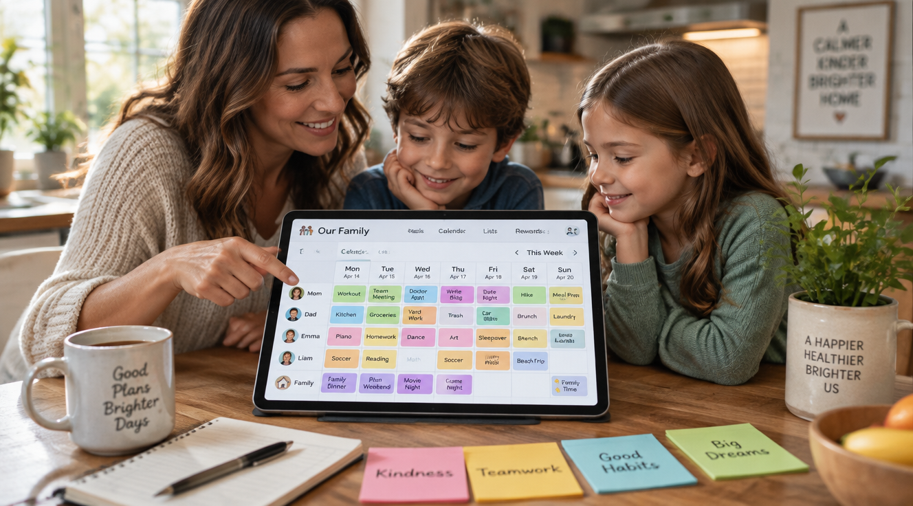 A warm, modern home office scene featuring a large digital tablet on a wooden kitchen table displaying a colorful shared family task calendar app with synchronized personal and family to-do lists. Around the tablet, a parent and two children are collaboratively planning their week, with sticky notes, a coffee mug, and a small plant nearby. Soft natural light streams through a window, creating a cozy, organized atmosphere. Photorealistic style, shallow depth of field, warm color palette with soft blues, greens, and beige tones, high resolution, lifestyle photography aesthetic.