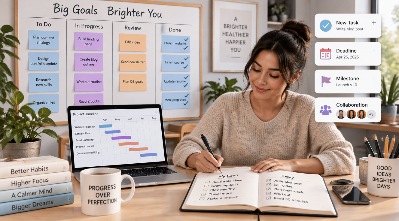 A clean, modern flat illustration of a young professional organizing personal projects at a minimalist desk workspace. The scene features a large Kanban board with colorful sticky notes in pastel blue, purple, and orange, a laptop displaying a project timeline with Gantt charts, an open notebook with handwritten goals and to-do lists, and floating UI elements representing tasks, deadlines, milestones, and collaboration icons. Soft natural lighting, muted background with subtle geometric shapes, professional yet warm and approachable aesthetic, suitable for a productivity and personal development blog header image. High resolution, 16:9 aspect ratio.