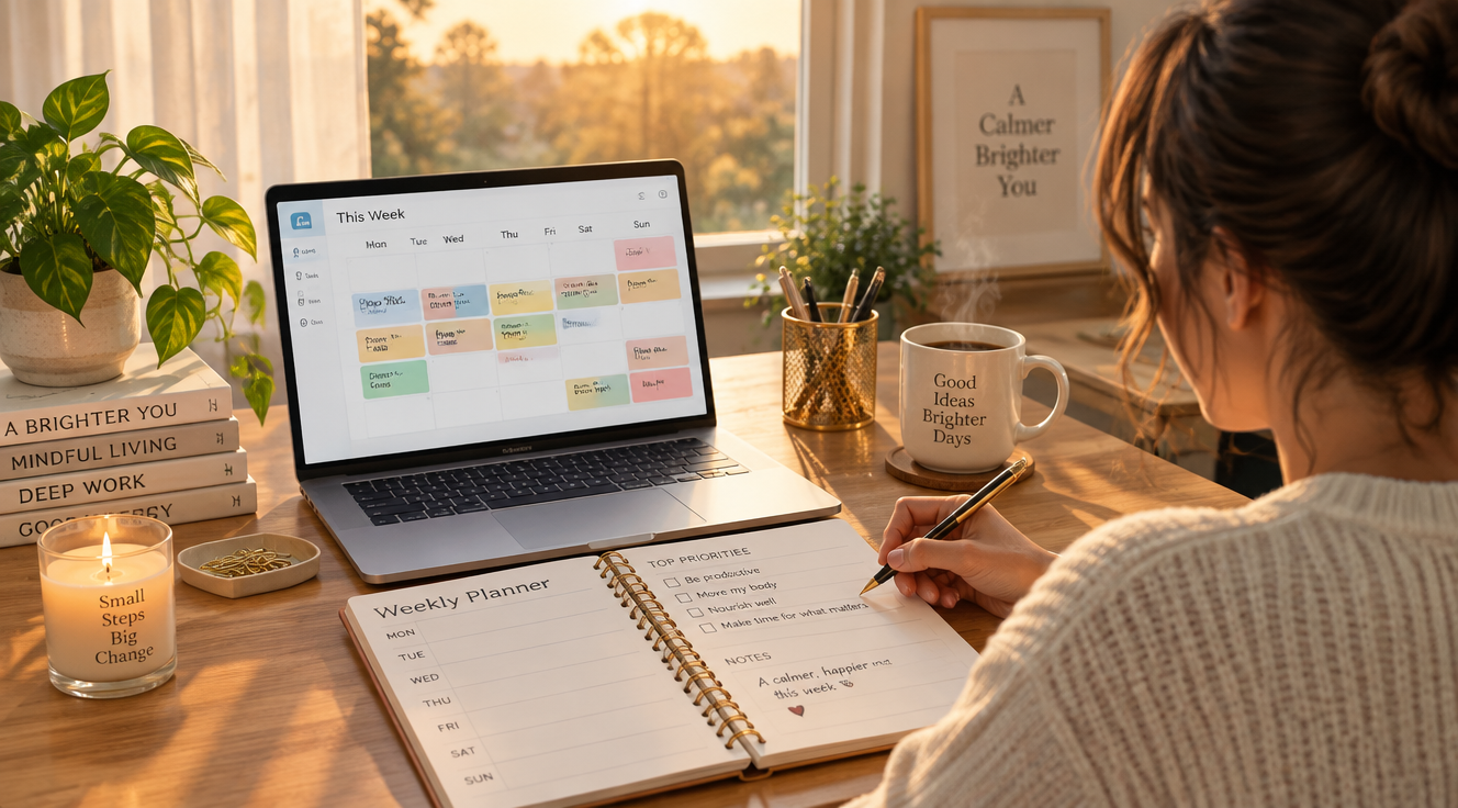 A serene Sunday evening home office scene showing a person sitting at a clean minimalist wooden desk, writing in an elegant weekly planner notebook with a pen. A laptop is open beside the planner displaying a colorful weekly calendar grid. A steaming cup of tea or coffee sits nearby, soft warm golden hour light streams through a window with sheer curtains, a small potted plant adds freshness to the scene. The atmosphere is calm, focused, and inspirational. Modern flat illustration style with a warm color palette of soft beige, muted blue, sage green, and gold accents. High quality, professional editorial look, cozy and aspirational mood, suitable for a productivity blog header image.